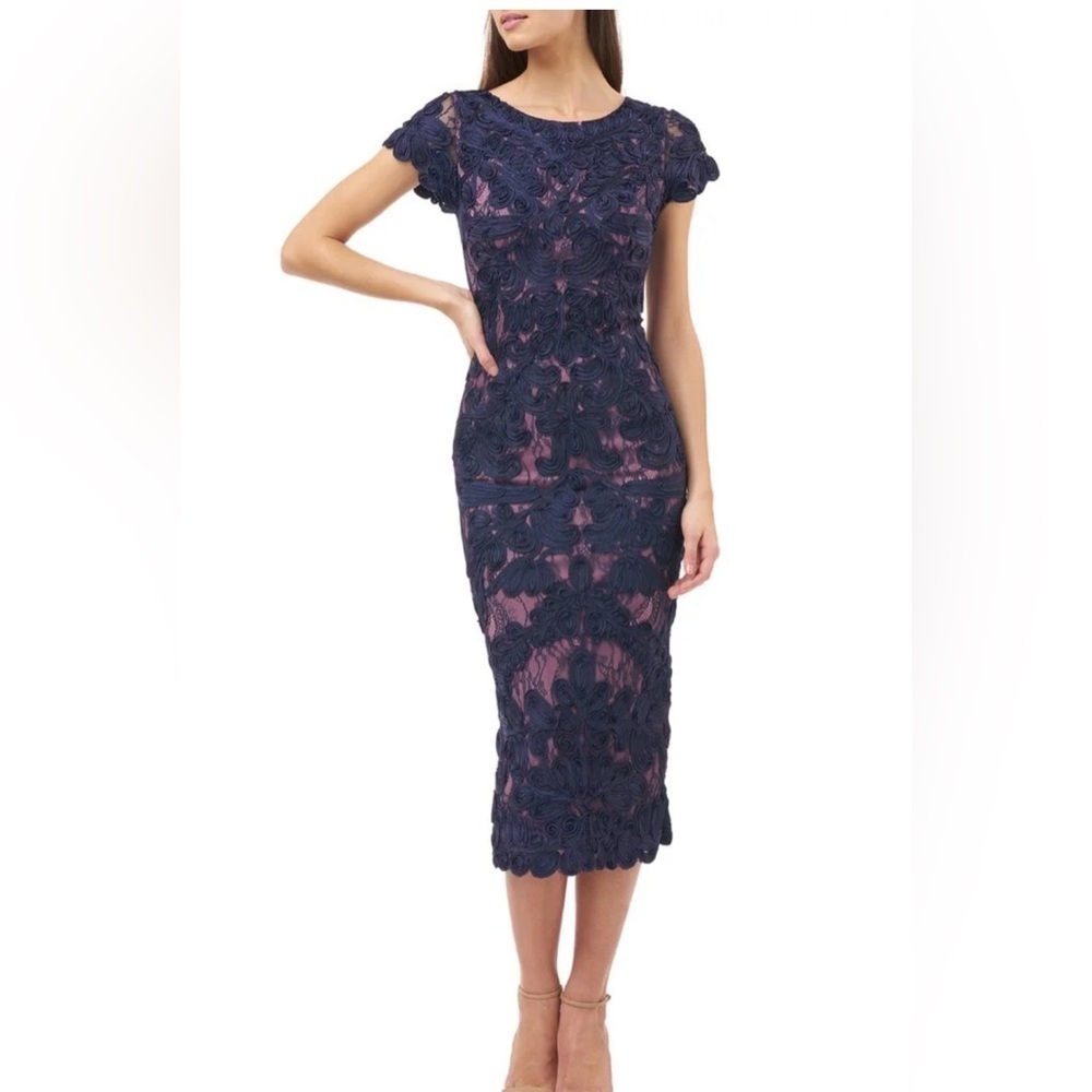 JS Collections Two Tone Sautache Navy and Purple Embroidered Lace Midi Dress